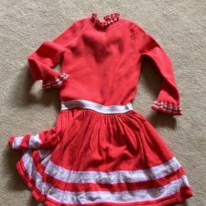 Mini Boden dress orange tone flare skirt, long sleeves ruffle sleeve cuffs.